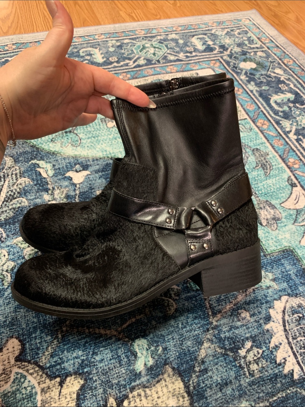 Lori Goldstein cow hair boots moto qvc new 10 black biker goth punk